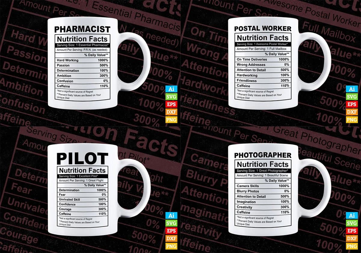 50 Professions Funny Nutrition Facts Editable Vector T-shirt