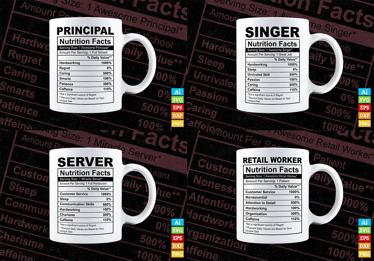 50 Professions Funny Nutrition Facts Editable Vector T-shirt