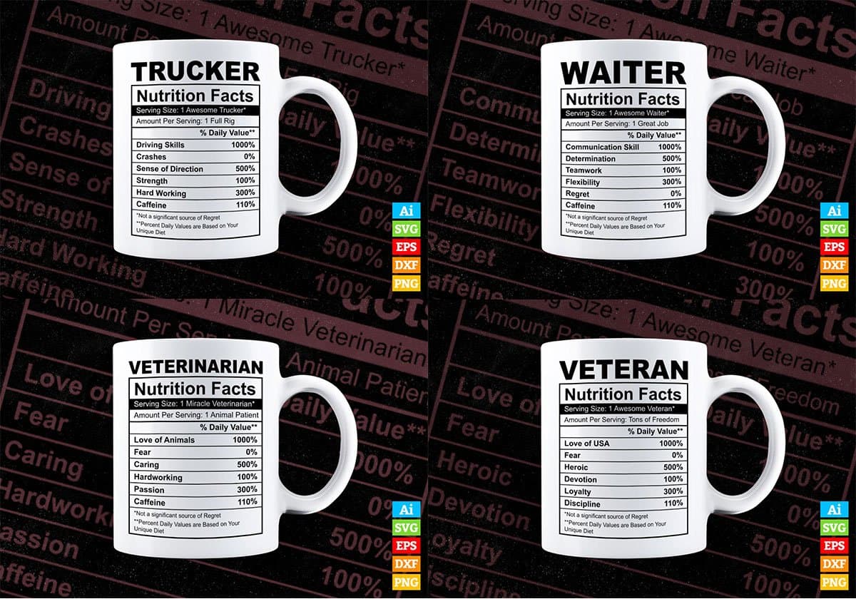 50 Professions Funny Nutrition Facts Editable Vector T-shirt