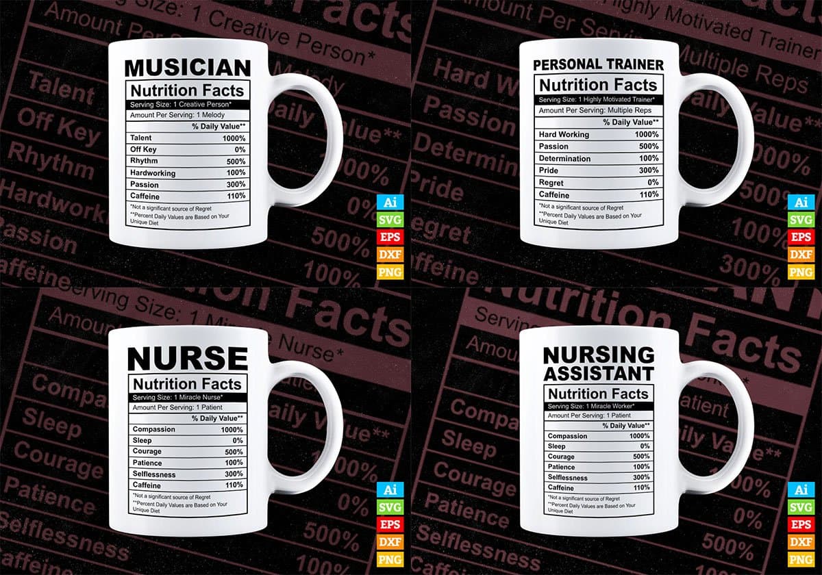 50 Professions Funny Nutrition Facts Editable Vector T-shirt