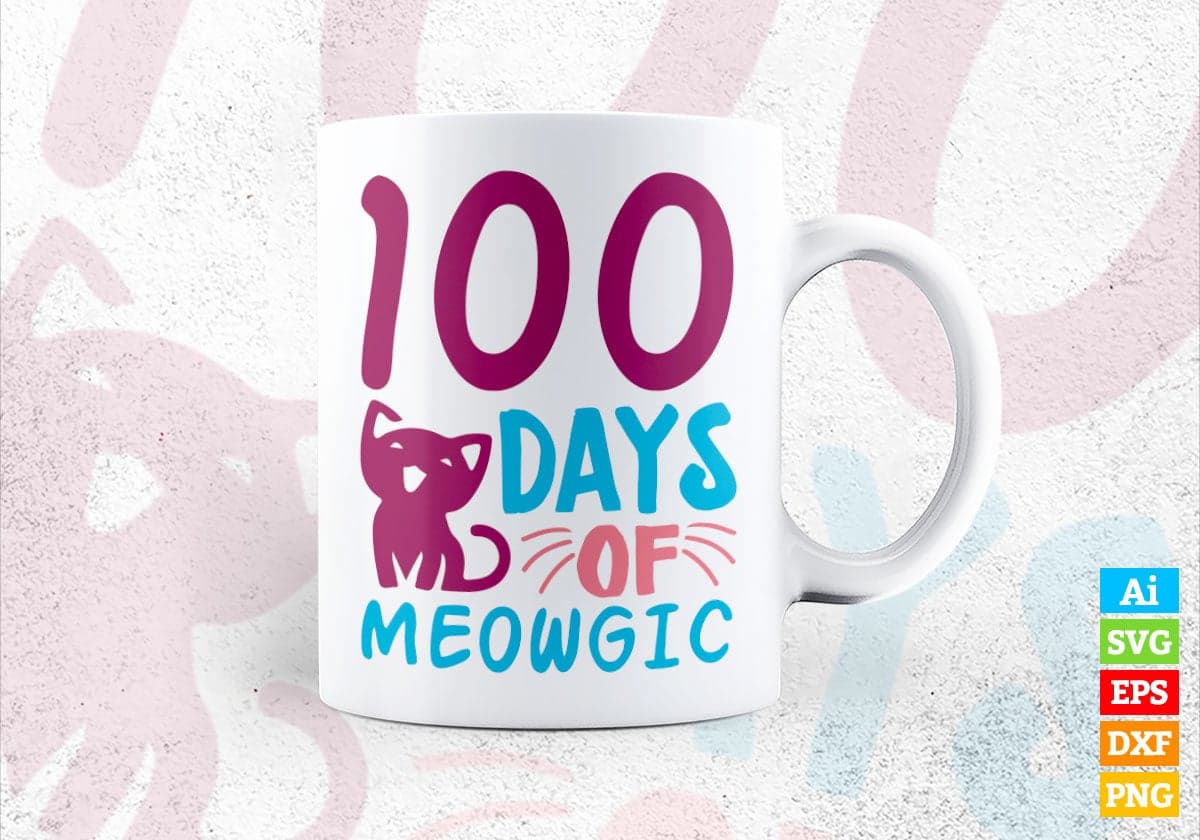 100 Days Of Meowgic School Editable Vector T-shirt Design in Ai Svg Files