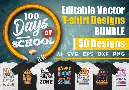 100 Days of School 50 Editable T-shirt Designs Bundle files in ai svg eps dxf png
