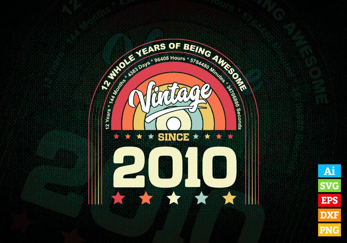 12 Whole Years of Being Awesome Since 2010 Vintage Birthday Editable Vector T-shirt Design in Ai Svg Png Files
