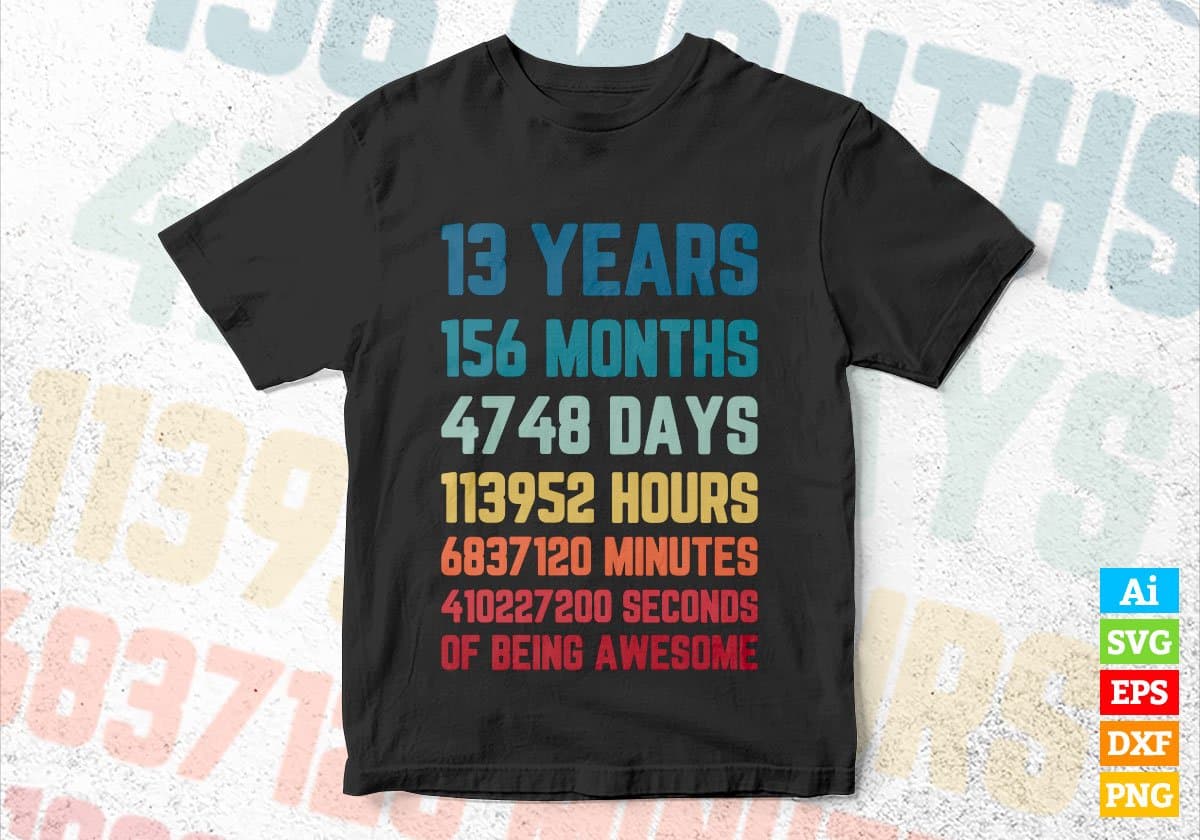 13 Years 156 Months Old Teenager Vintage Birthday Editable Vector T-shirt Design Svg Files