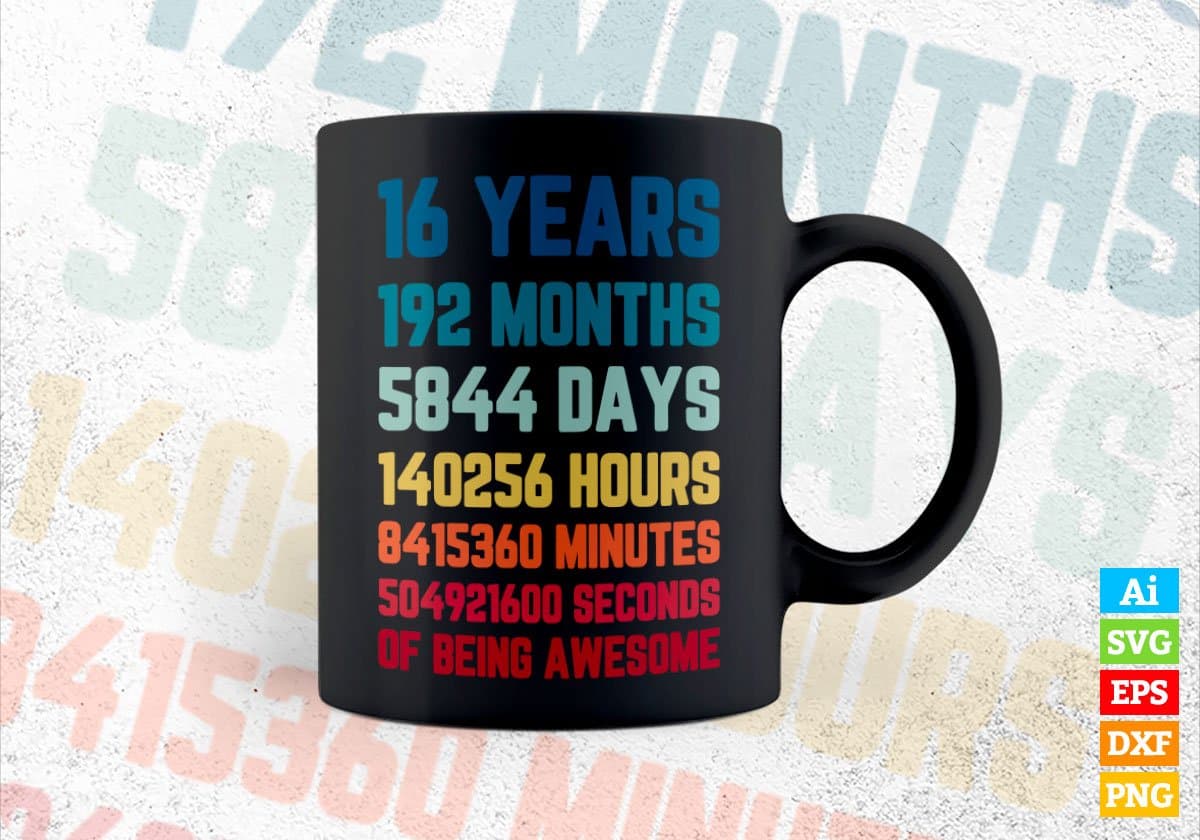 16 Years 192 Months Old Teenager Vintage Birthday Editable Vector T-shirt Design Svg Files