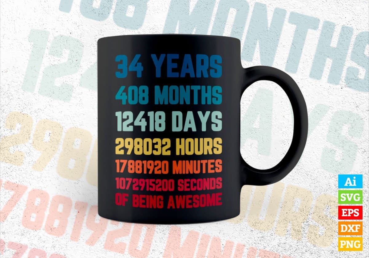34 Years 408 Months Old Young Men Woman Vintage Birthday Editable Vector T-shirt Design Svg Files