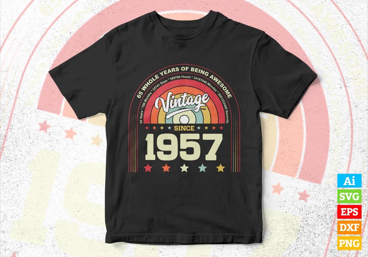 65 Whole Years of Being Awesome Since 1957 Vintage Birthday Editable Vector T-shirt Design in Ai Svg Png Files
