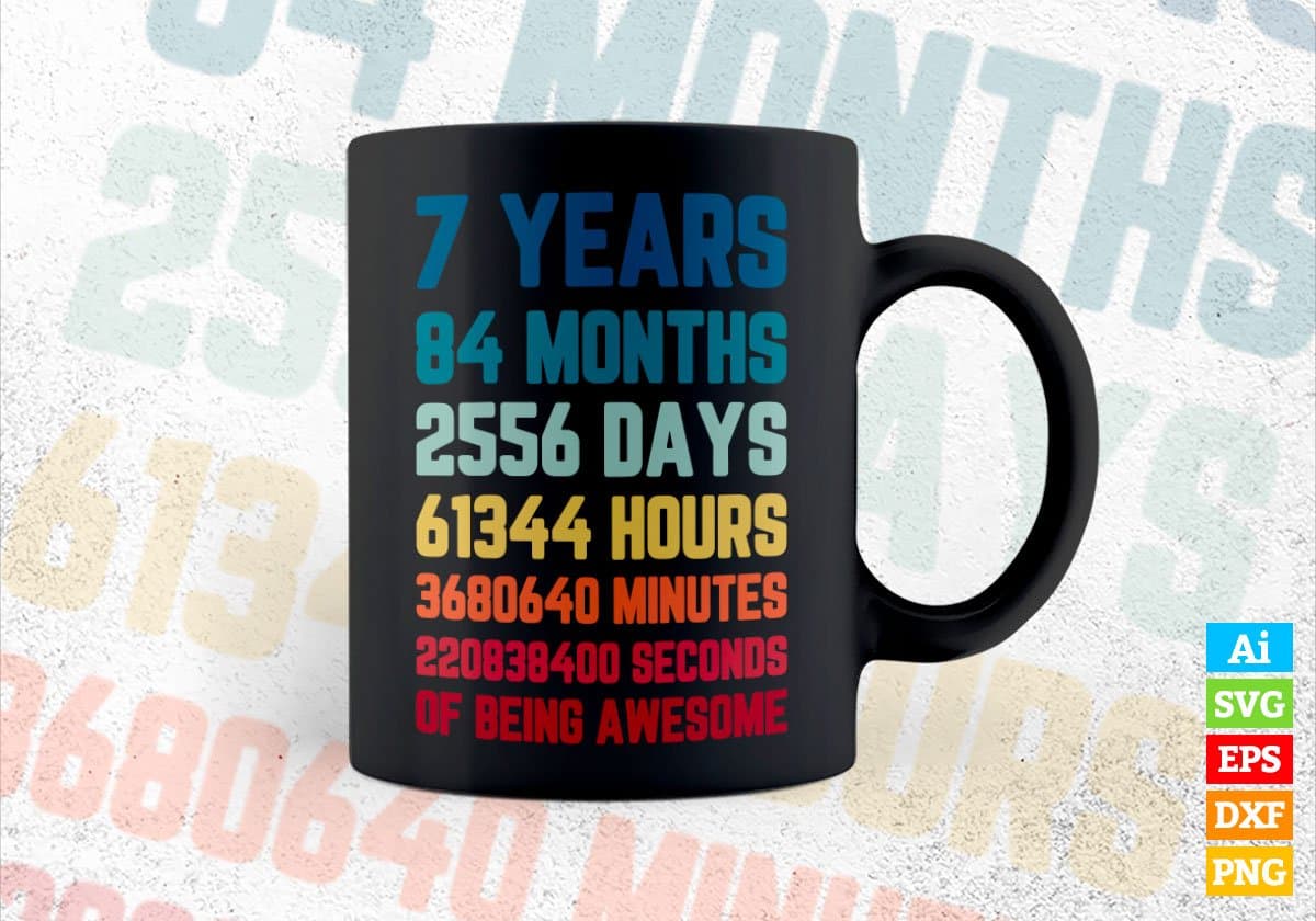 7 Years 84 Months Old Kids Vintage Birthday Editable Vector T-shirt Design Svg Files