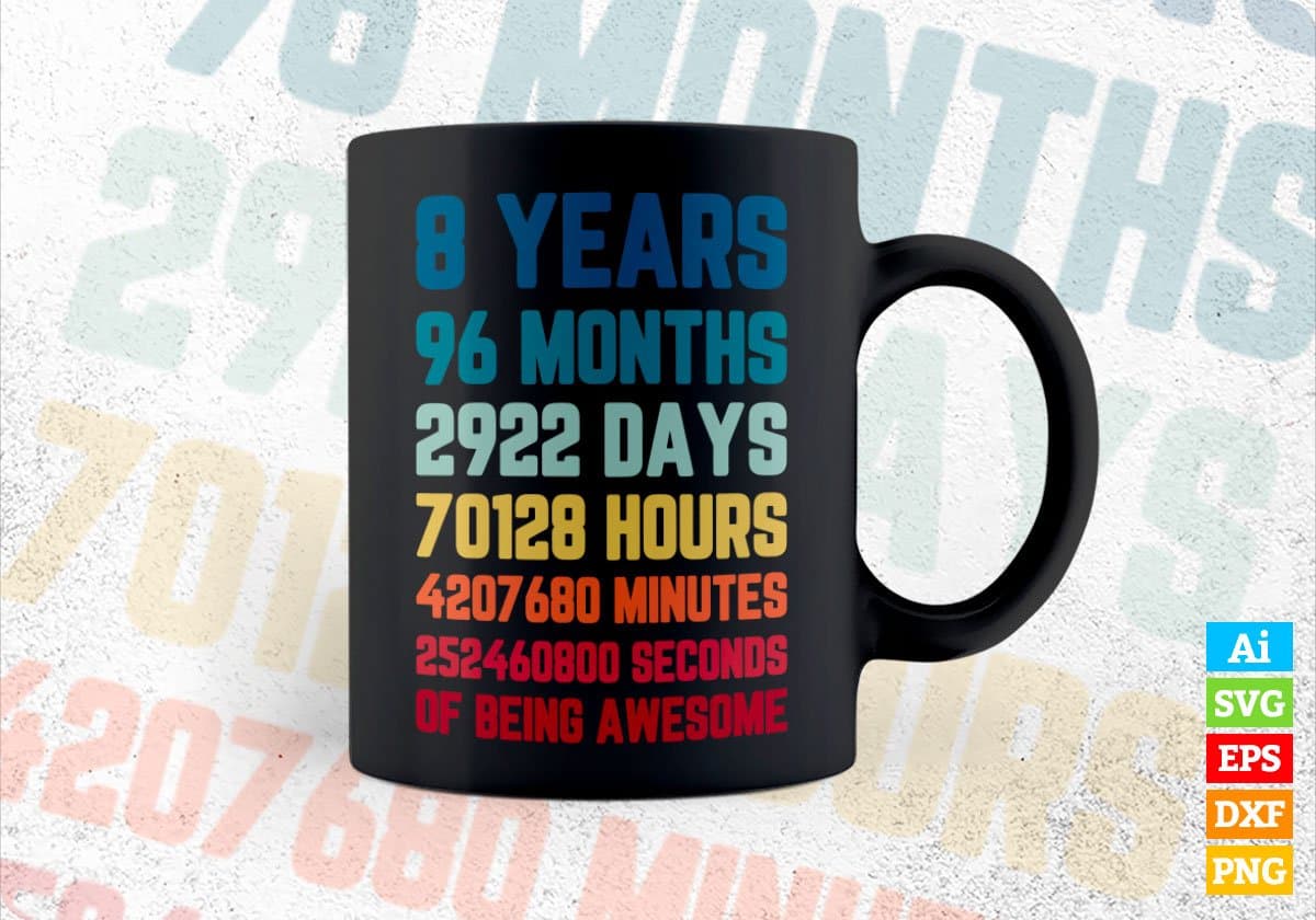 8 Years 96 Months Old Kids Vintage Birthday Editable Vector T-shirt Design Svg Files