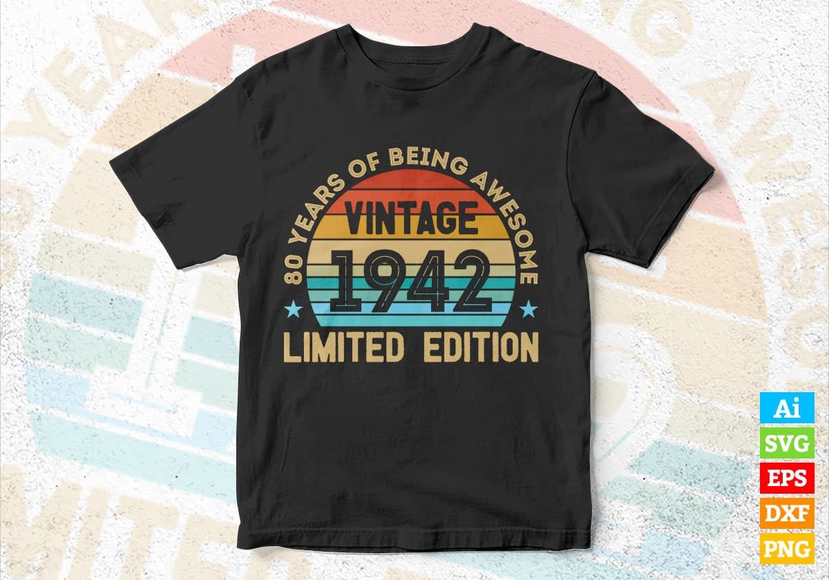 80 Years Of Being Awesome Vintage 1942 Limited Edition 80th Birthday Editable Vector T-shirt Designs Svg Files
