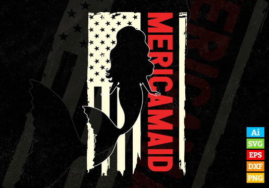 American flag MERICAMAID 4th Of July Editable Vector T shirt Design In Svg Png Printable Files