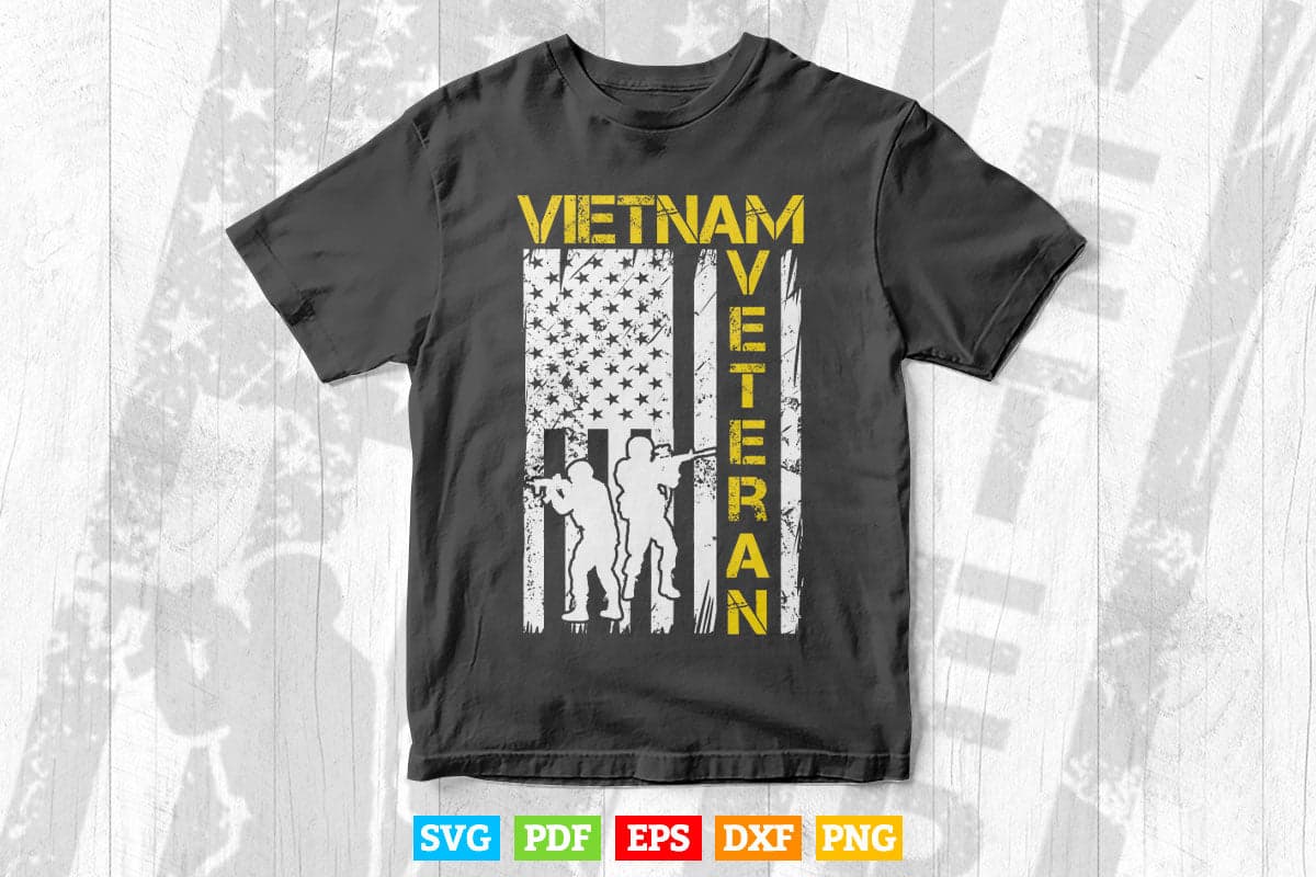 American Flag Vietnam Veteran Yellow Text Distressed Svg T shirt Design.