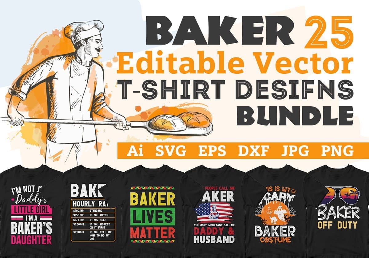 Baker 25 Editable T-shirt Designs Bundle