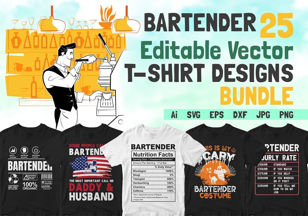 Bartender 25 Editable T-shirt Designs Bundle
