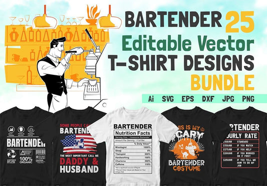 Bartender 25 Editable T-shirt Designs Bundle