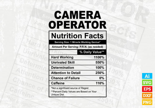 Camera Operator Nutrition Facts Editable Vector T-shirt Design in Ai Svg Files