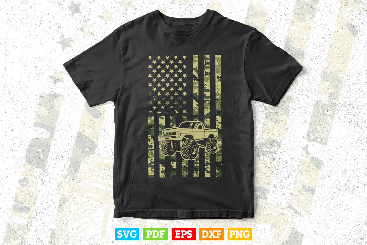 Camo American Flag Monster Truck In Svg T shirt Design.