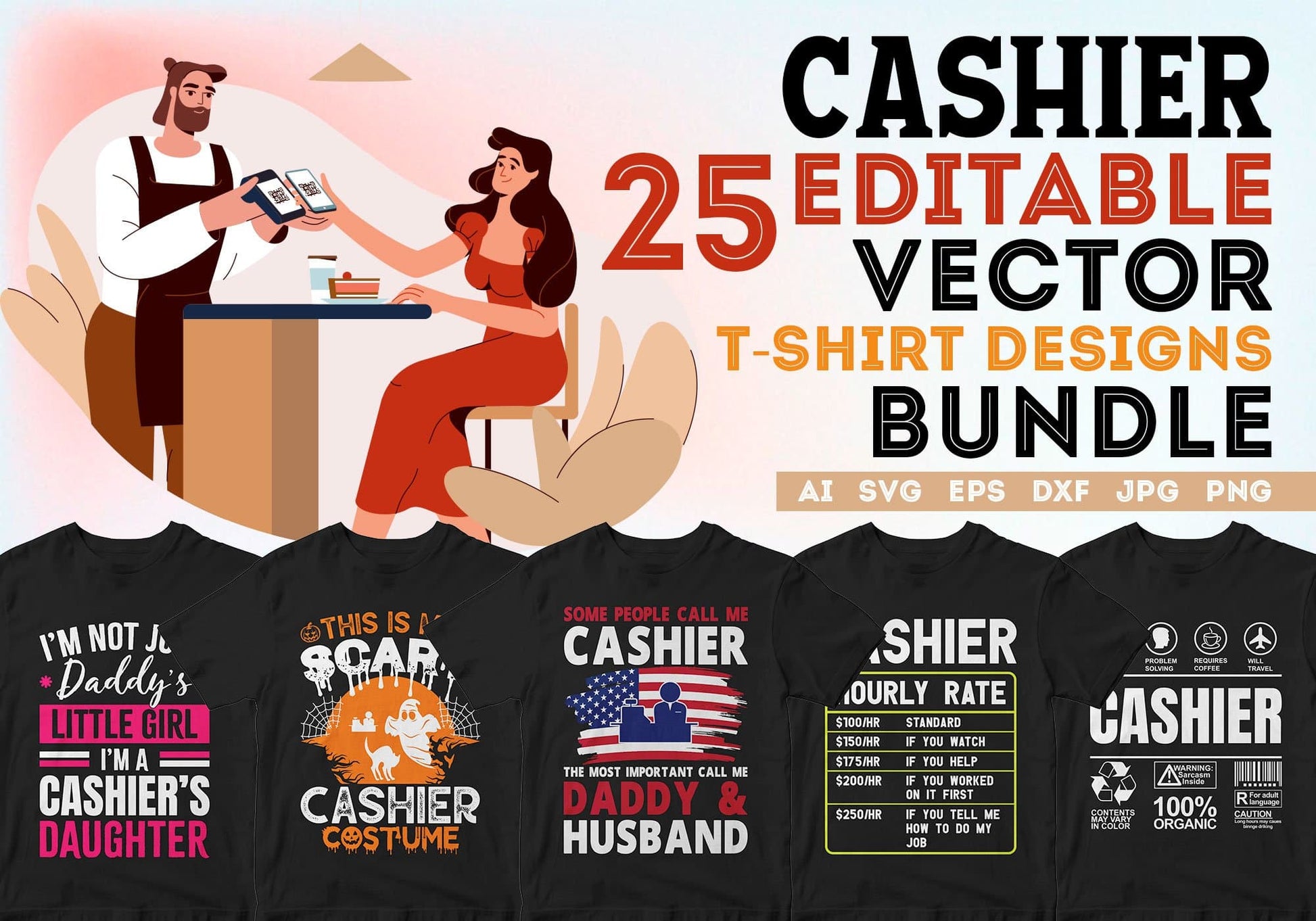 Cashier 25 Editable T-shirt Designs Bundle
