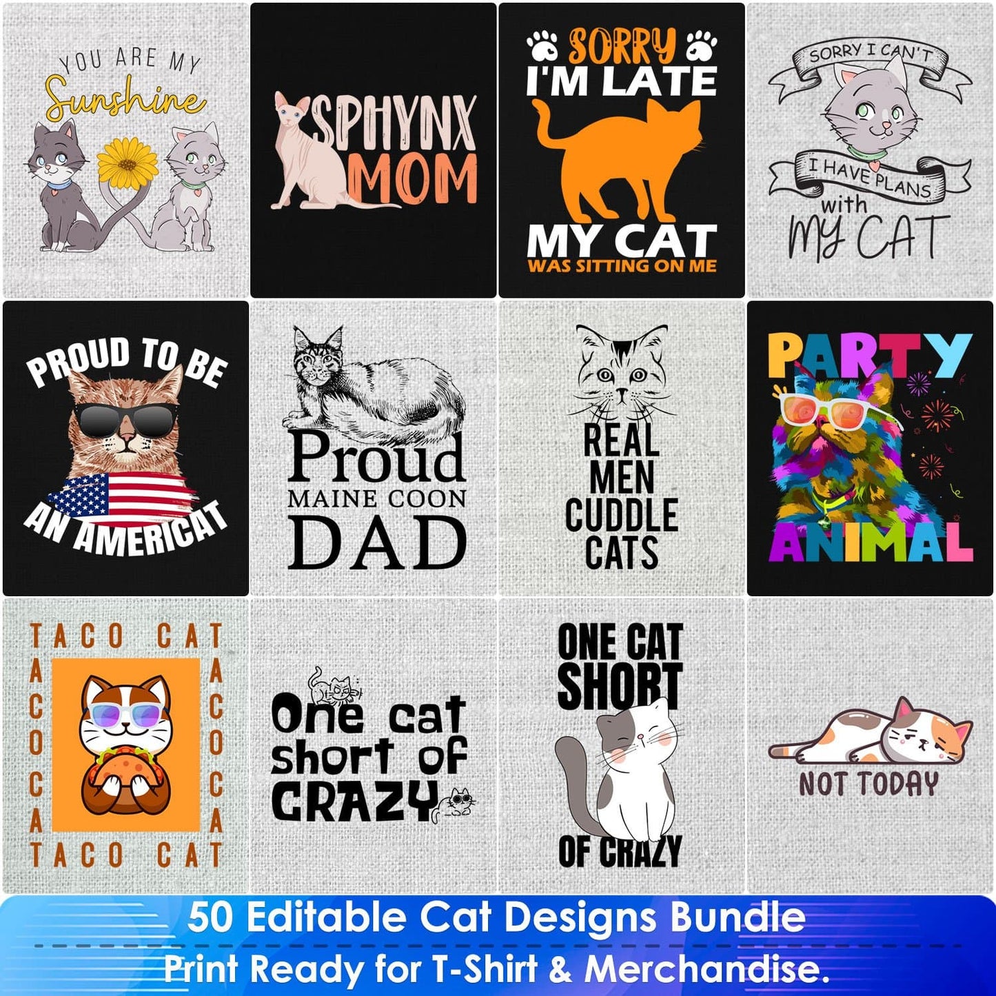 Cat 50 Editable T-Shirt Designs Bundle Part 1