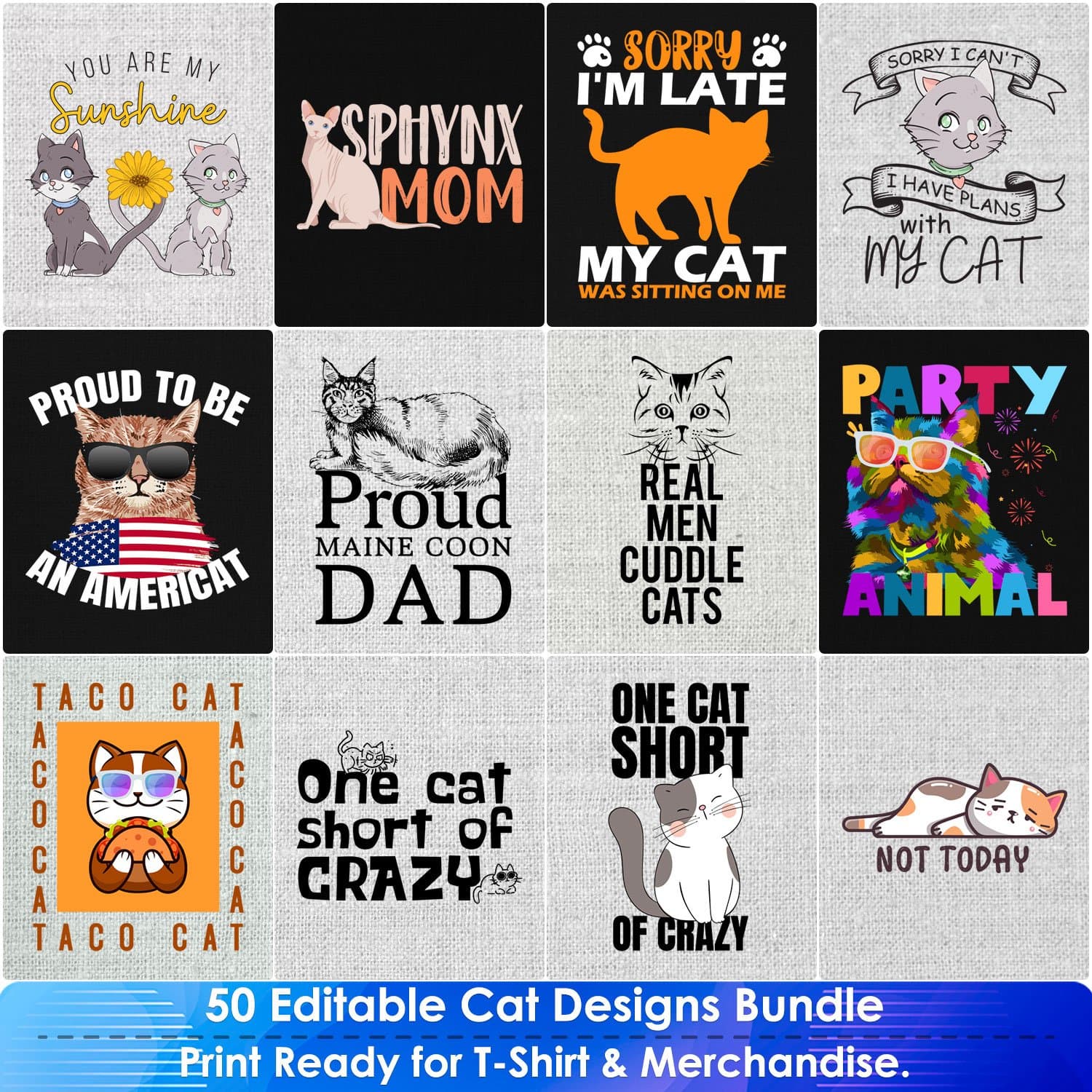 Cat 50 Editable T-Shirt Designs Bundle Part 1