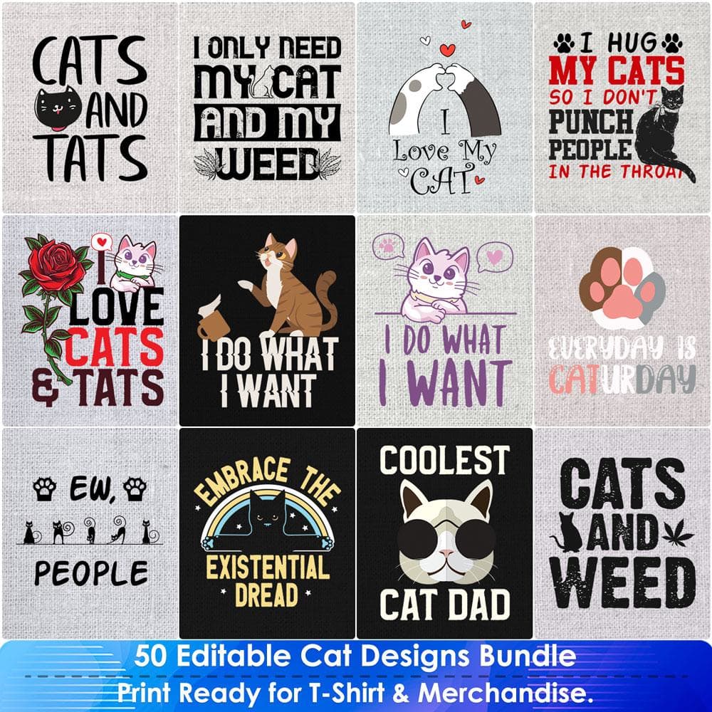 Cat 50 Editable T-Shirt Designs Bundle Part 1