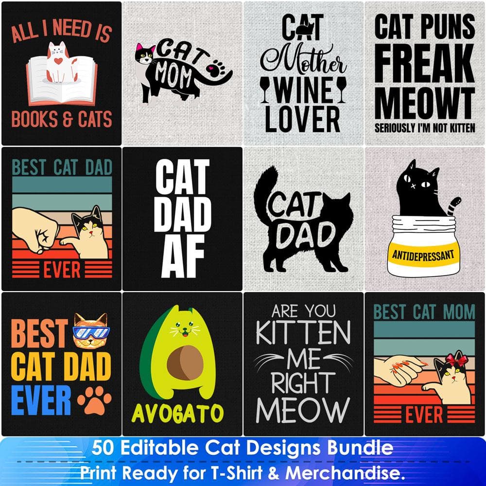 Cat 50 Editable T-Shirt Designs Bundle Part 1