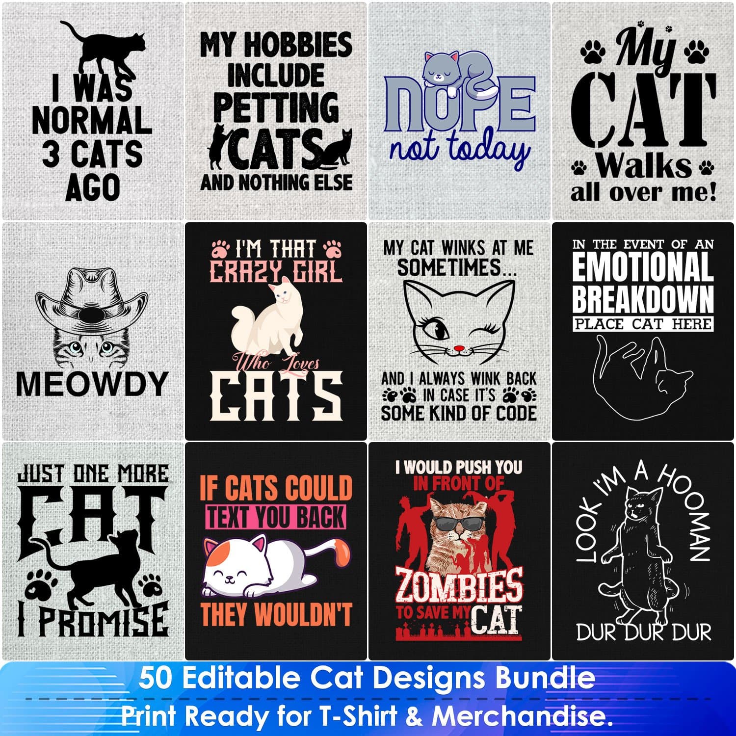 Cat 50 Editable T-Shirt Designs Bundle Part 1
