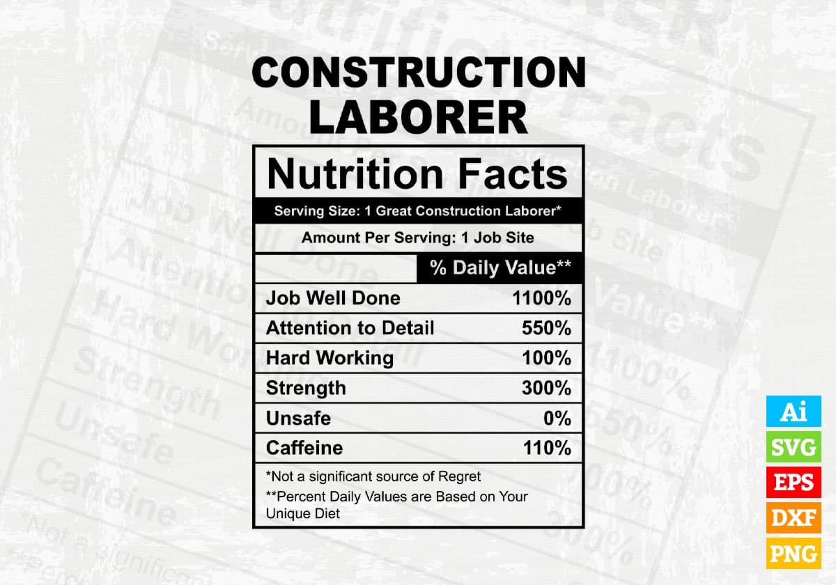 Construction Laborer Nutrition Facts Vector Tshirt Design Svg Files