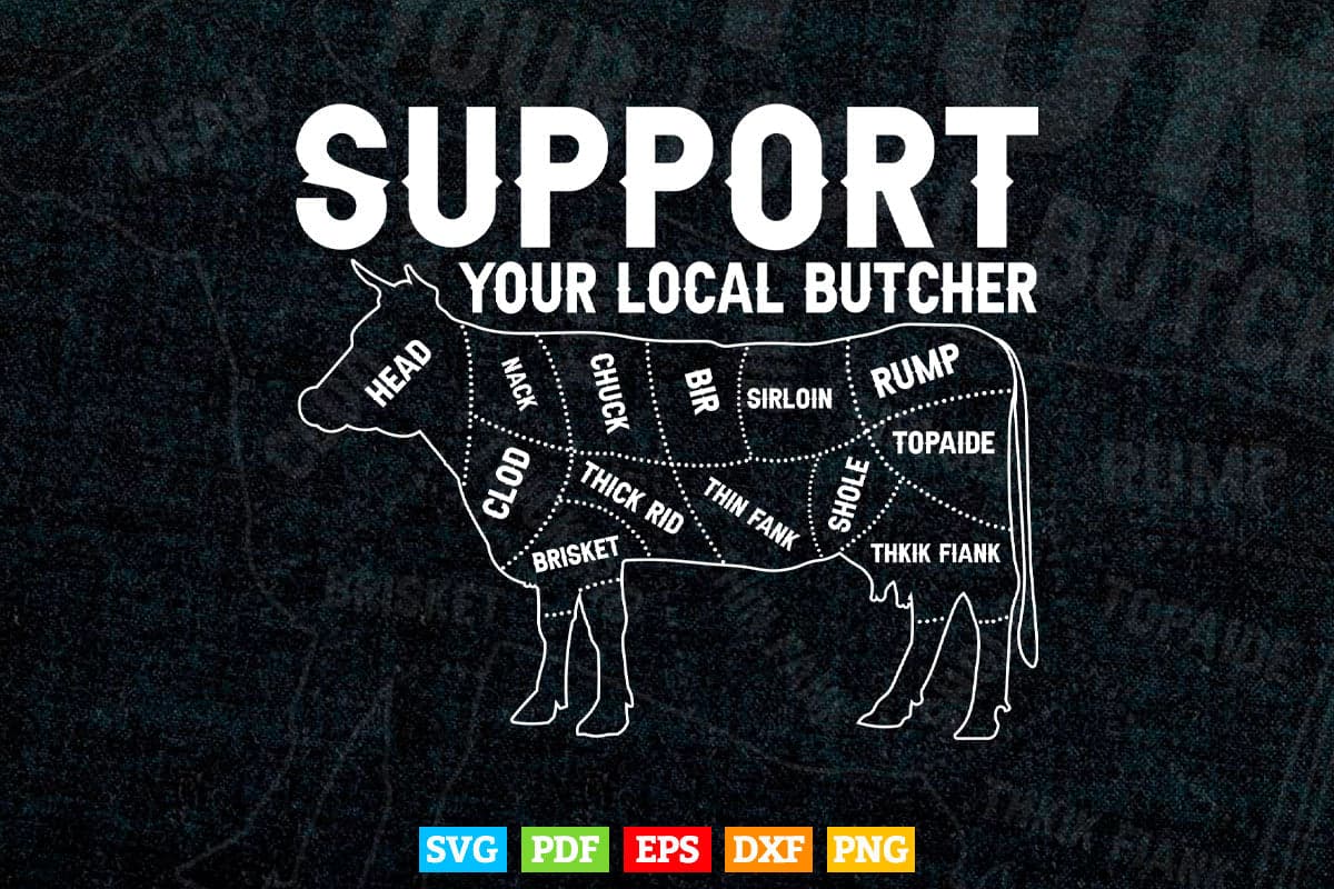 Cow Butcher Beef Cuts Diagram Support Your Local Butcher Svg Png Digital Files.