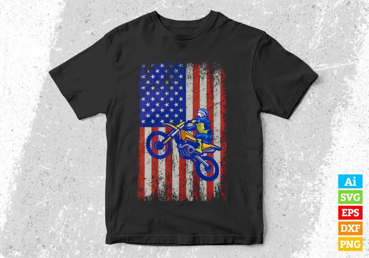 Dirt Bike American Flag 4th Of July Editable Vector T shirt Design In Svg Png Printable Files