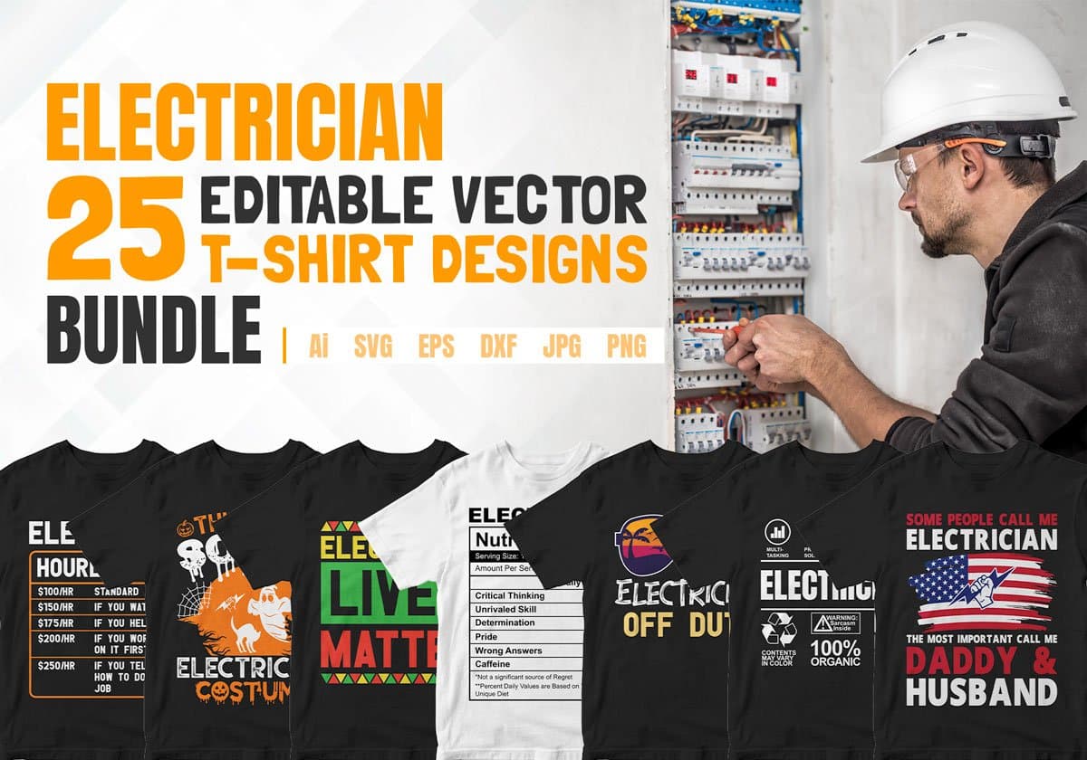 Electrician 25 Editable T-shirt Designs Bundle