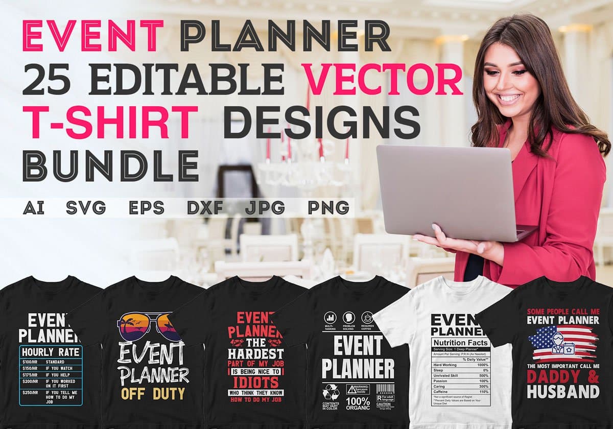 Event Planner 25 Editable T-shirt Designs Bundle