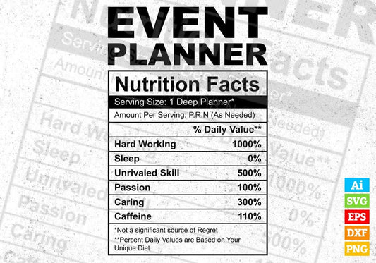 Event Planner Nutrition Facts Editable Vector T shirt Design In Svg Png Printable Files