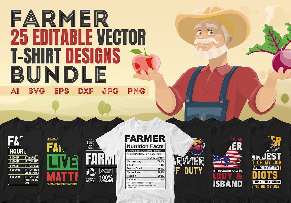 Farmer 25 Editable T-shirt Designs Bundle