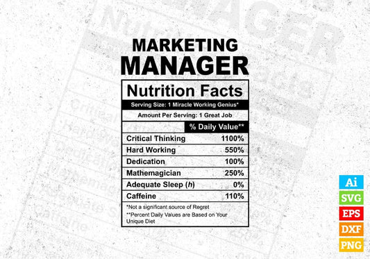 Funny Marketing Manager Nutrition Facts Editable Vector T-shirt Design in Ai Svg Png Files