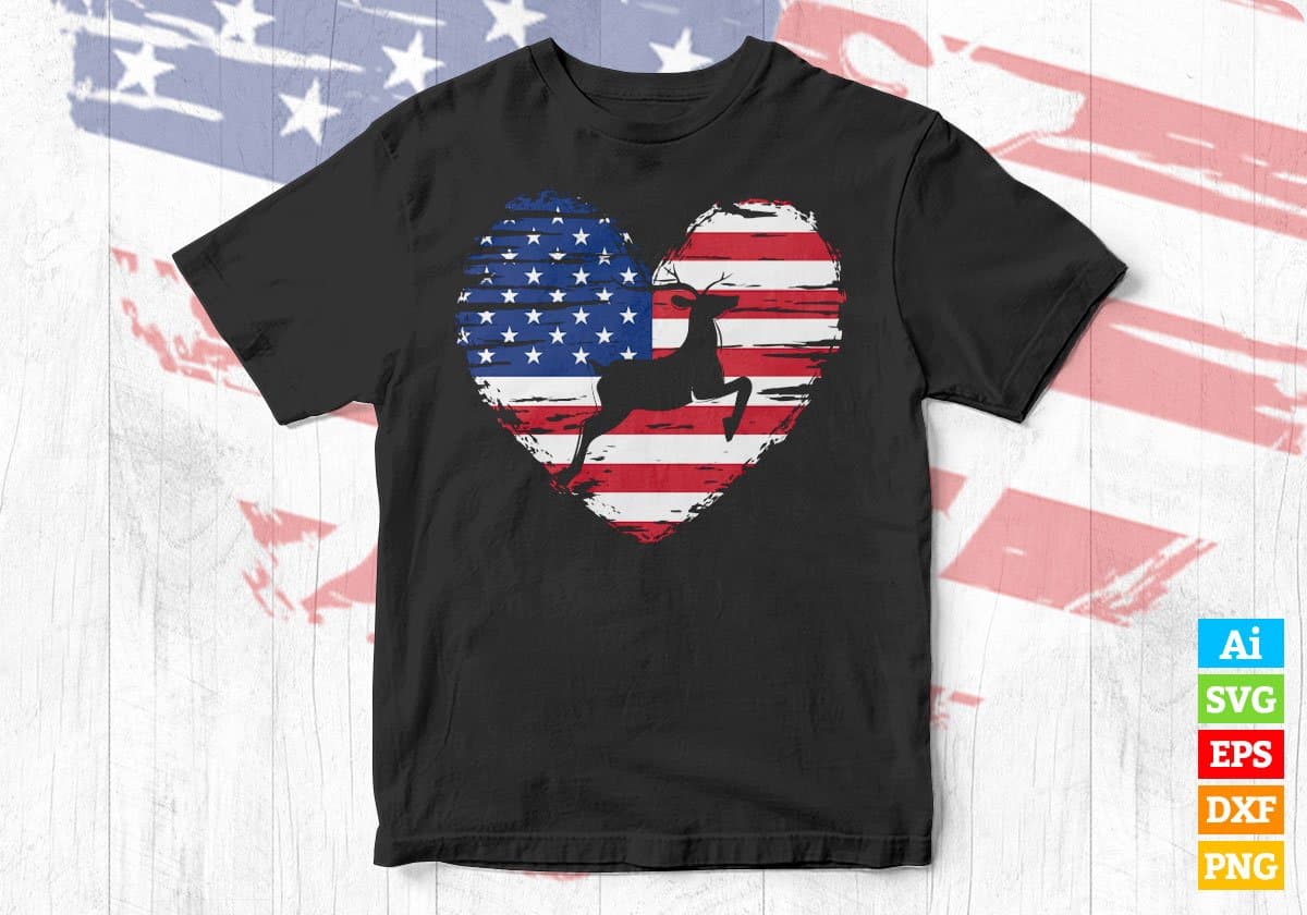 Heart And USA Flag With Deer Hunting Editable Vector T shirt Design In Svg Png Printable Files