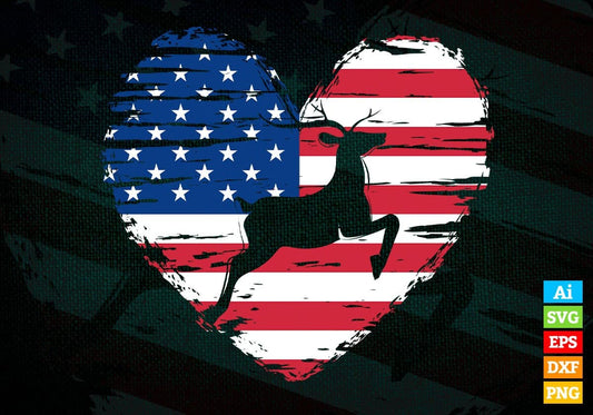Heart And USA Flag With Deer Hunting Editable Vector T shirt Design In Svg Png Printable Files