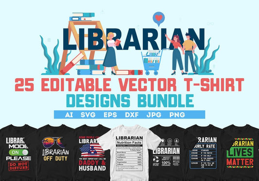 Librarian 25 Editable T-shirt Designs Bundle