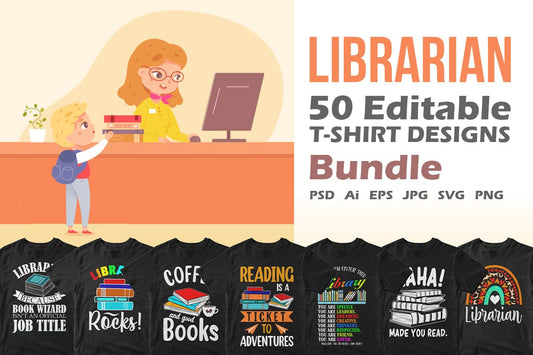 Librarian 50 Editable T-shirt Designs Bundle Part 1