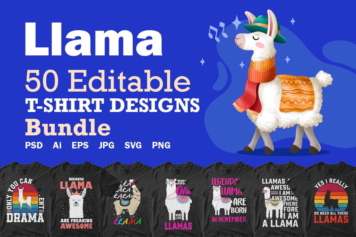 Llama 50 Editable T-Shirt Designs Bundle Part 1