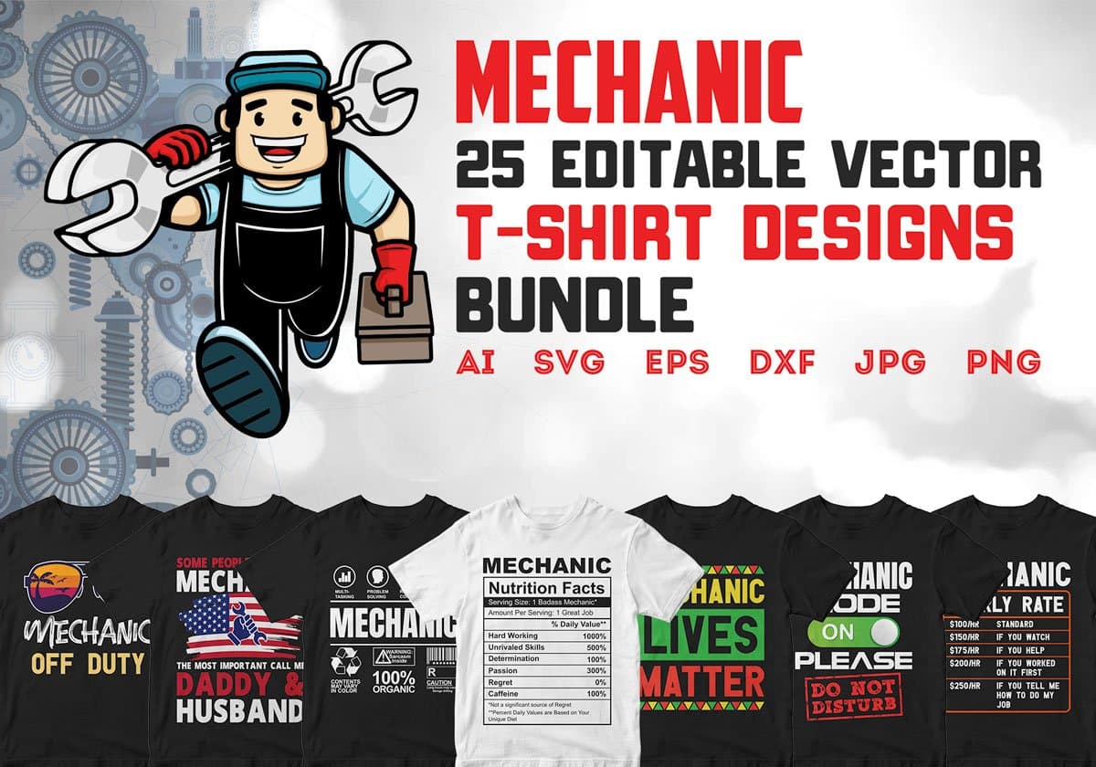 Mechanic 25 Editable T-shirt Designs Bundle