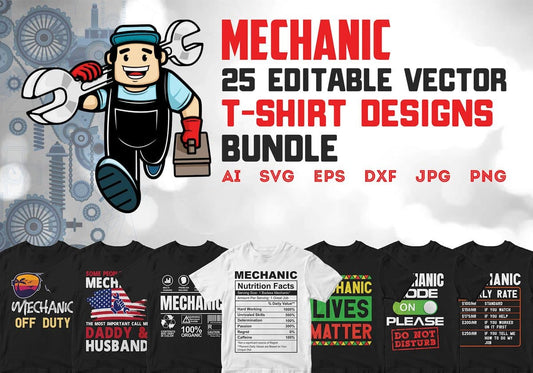 Mechanic 25 Editable T-shirt Designs Bundle