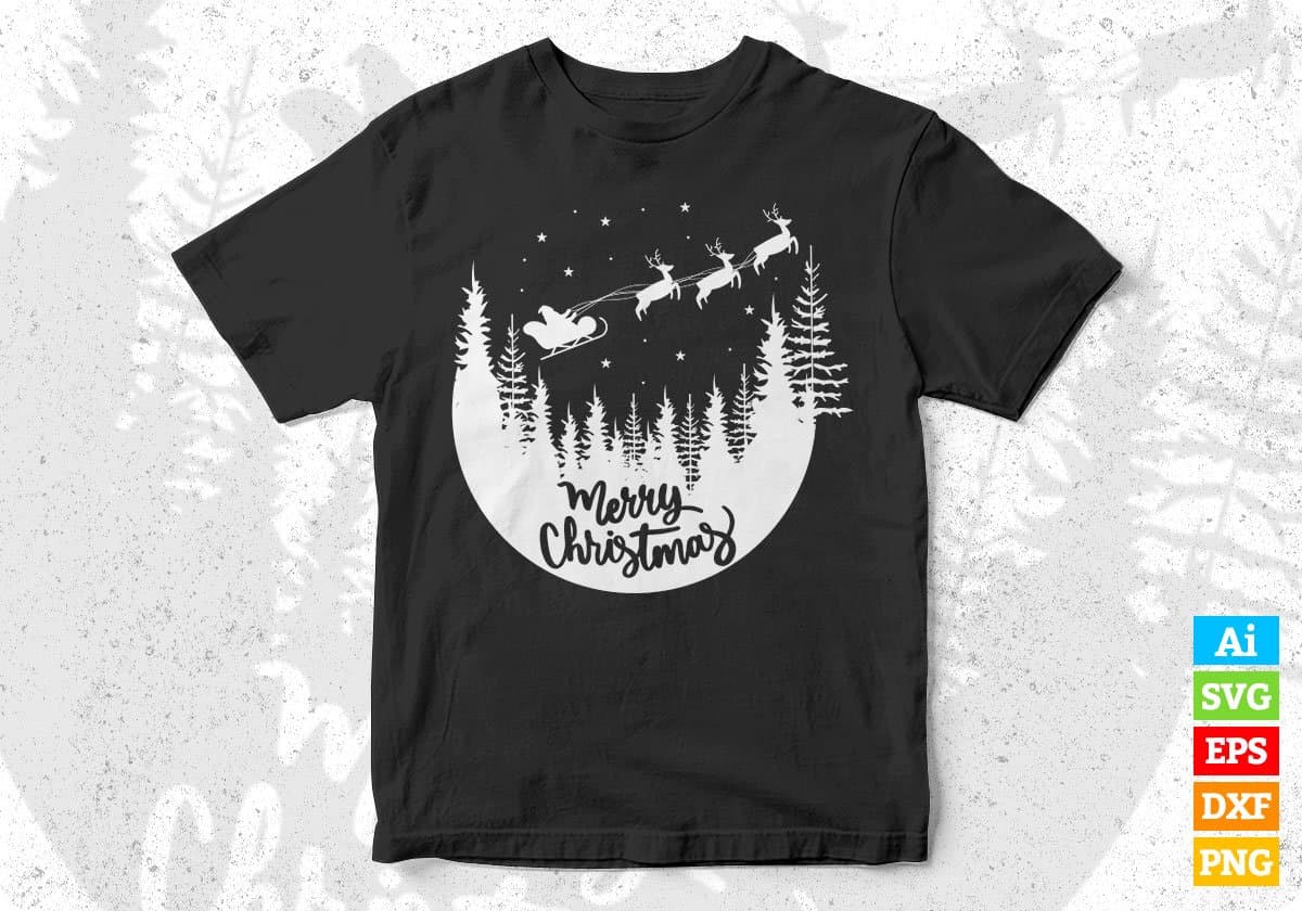 Merry Christmas Scene With Santa Flying Deer Vector T-shirt Design in Ai Svg Png Files