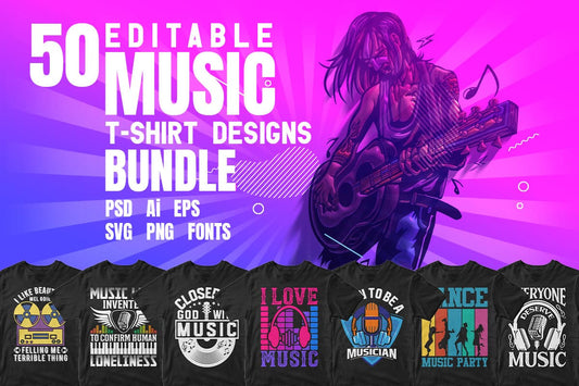 Music 50 Editable T-shirt Designs Bundle Part 1