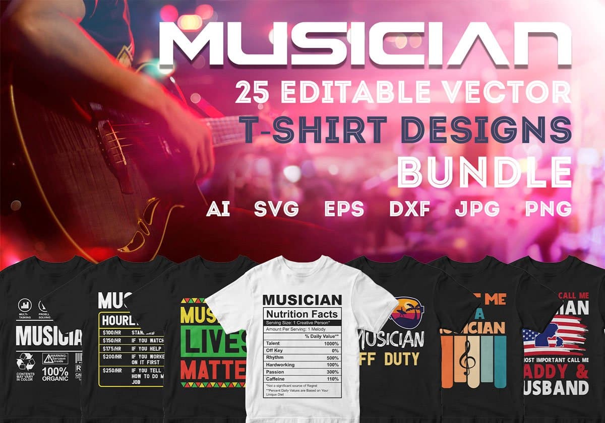 Musician 25 Editable T-shirt Designs Bundle