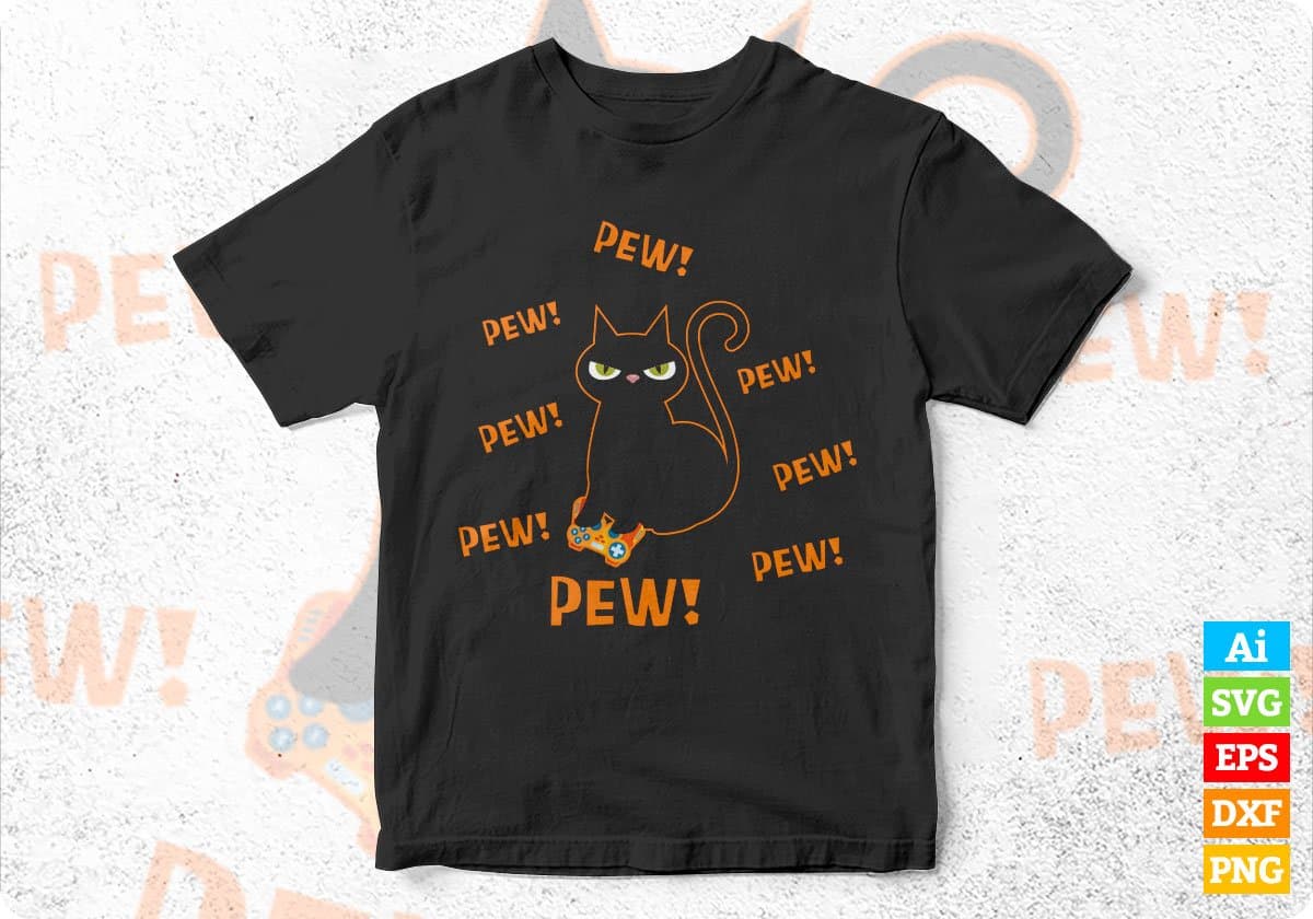 Pew Pew Pew Funny Black Cat Video Game Lovers Controller Editable T-shirt Design in Svg Files