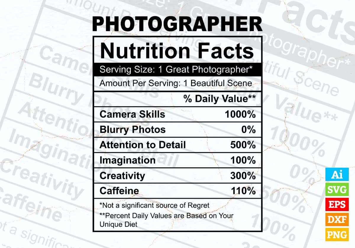 Photographer Nutrition Facts Editable Vector T shirt Design In Svg Png Printable Files