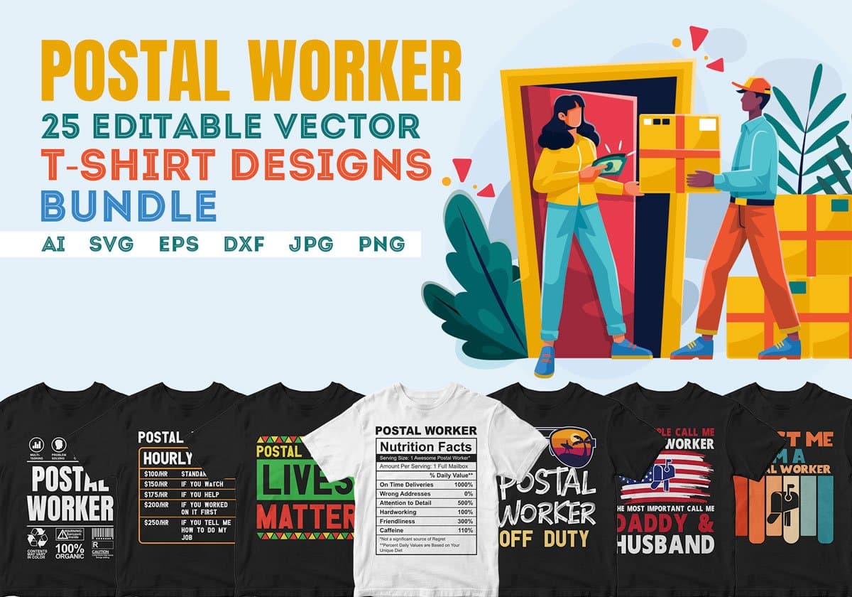 Postal Worker 25 Editable T-shirt Designs Bundle