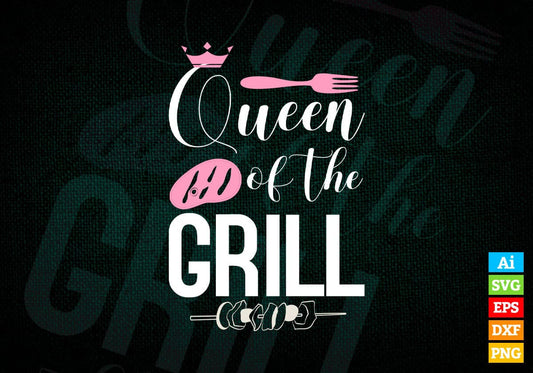 Queen Of The Grill Smoked Meat BBQ Barbecue Editable Vector T shirt Design in Ai Png Svg Files.