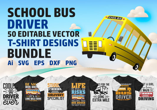 School Bus Driver 50 Editable T-shirt Designs Bundle Part 1